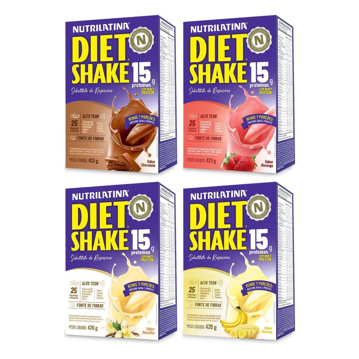 Kit com 4 caixas de Diet Shake Nutrilatina 420 g, uma de cada sabor: Chocolate, Morango, Baunilha e Banana