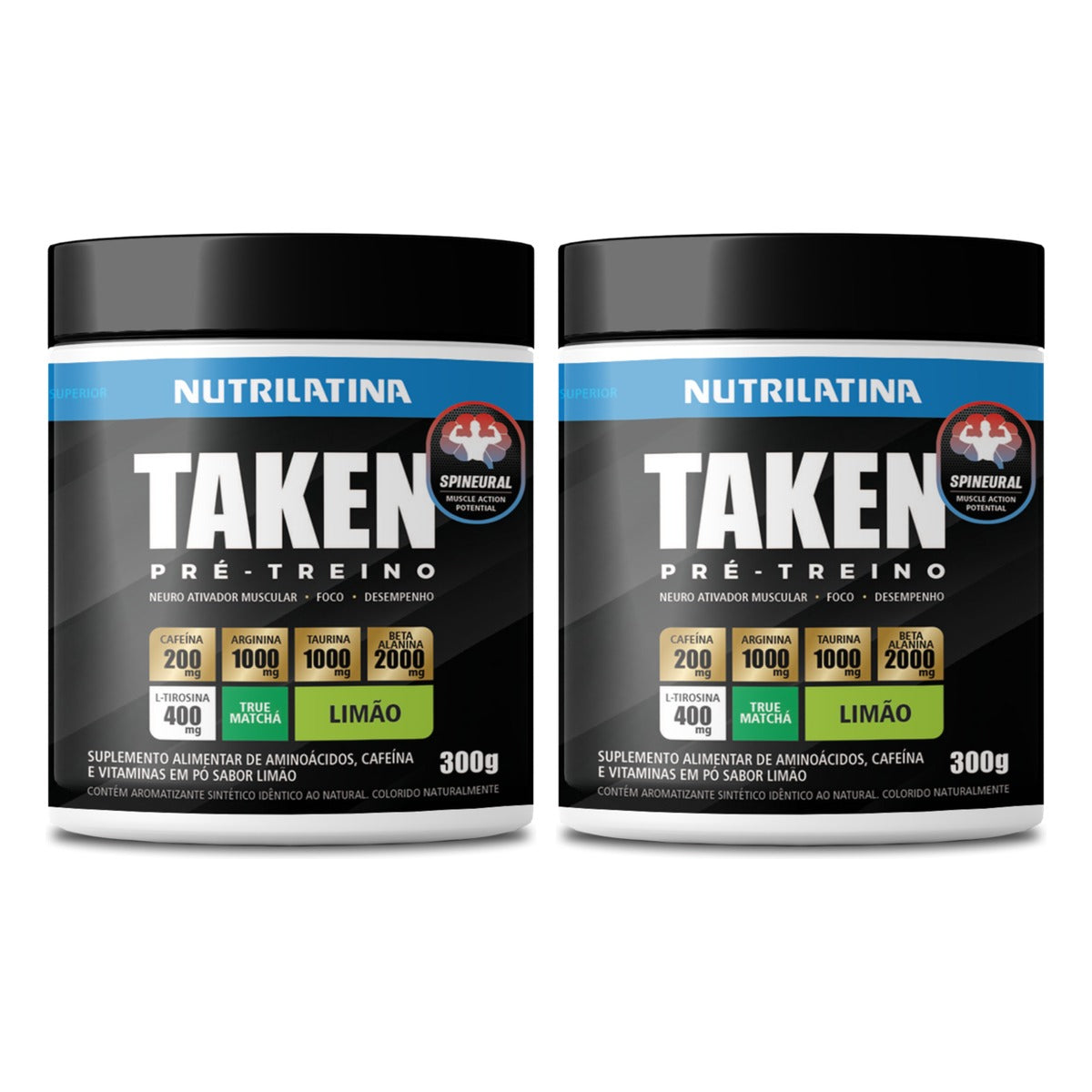 Kit com 2 potes de Pré-treino Taken Nutrilatina sabor Limão de 300 g