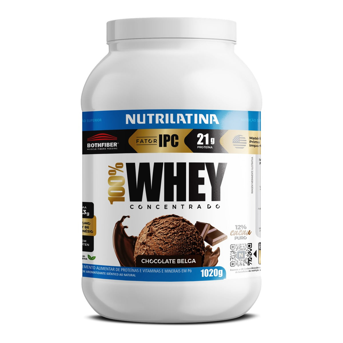 Pote de Whey Protein Concentrado Nutrilatina sabor Chocolate Belga, 1020 g