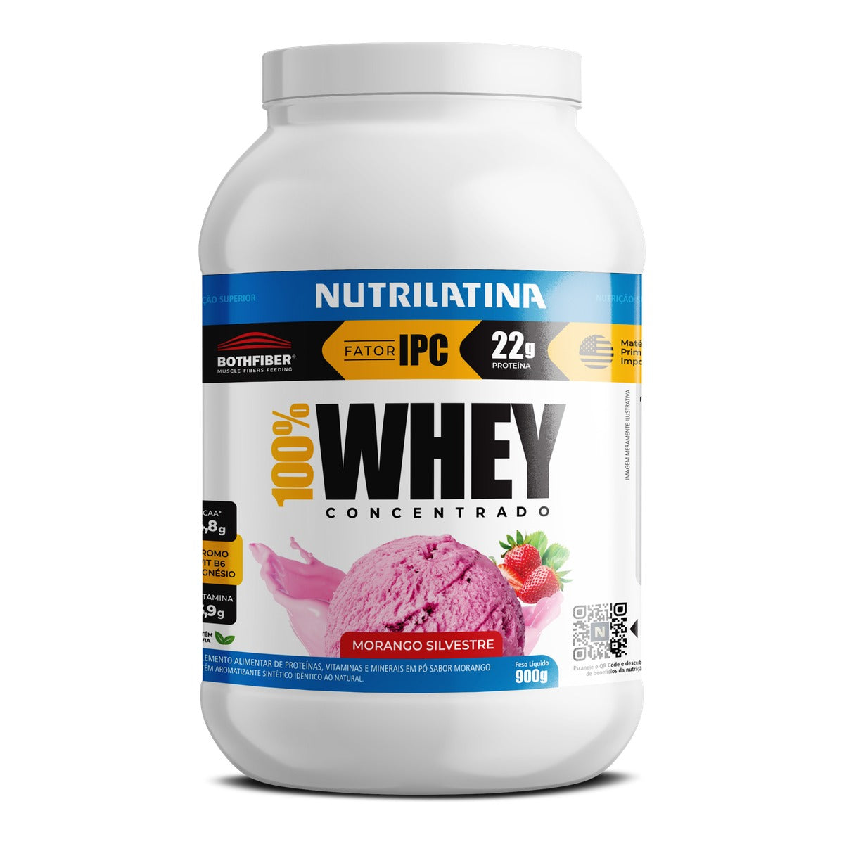 Pote de Whey Protein Concentrado Nutrilatina sabor Morango Silvestre, 900 g